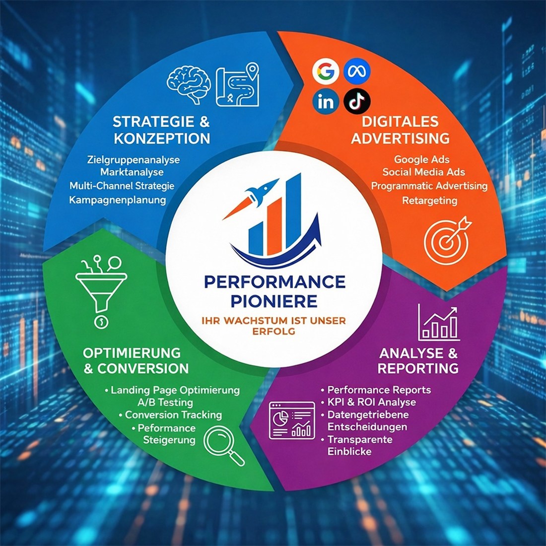 Leistungsportfolio von Performance Pioniere: Strategie, Werbung, Analyse und Optimierung im Kreislauf